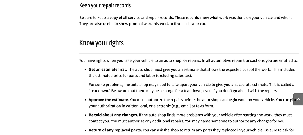 The California Bureau of Automotive Repair Know your rights page, listing that a shop must give an estimate first, that the customer must approve the estimate before work begins, and that the customer must be told about and authorise any additional repairs