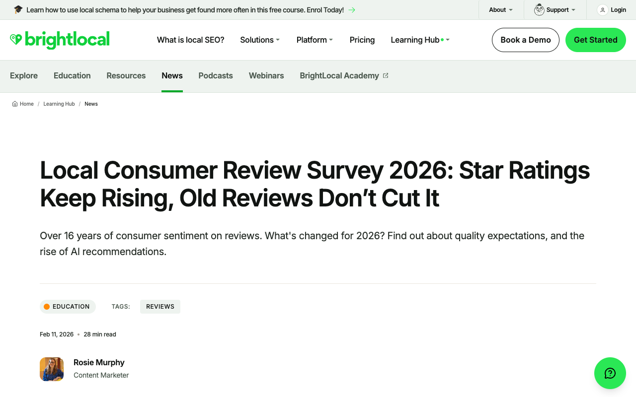 BrightLocal 2026 Local Consumer Review Survey findings on minimum star ratings consumers require before using a local business