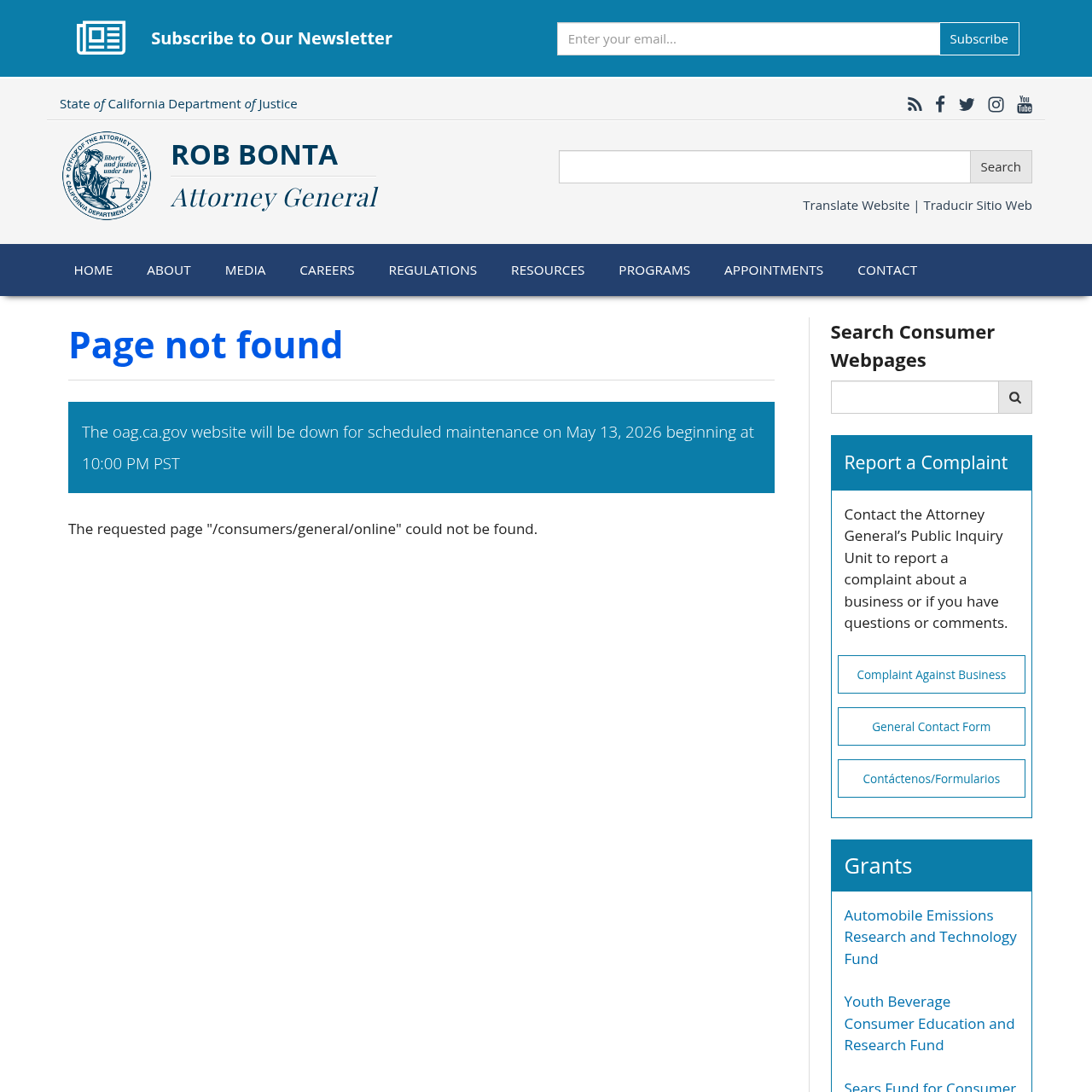 California Attorney General consumer complaint form for online crimes