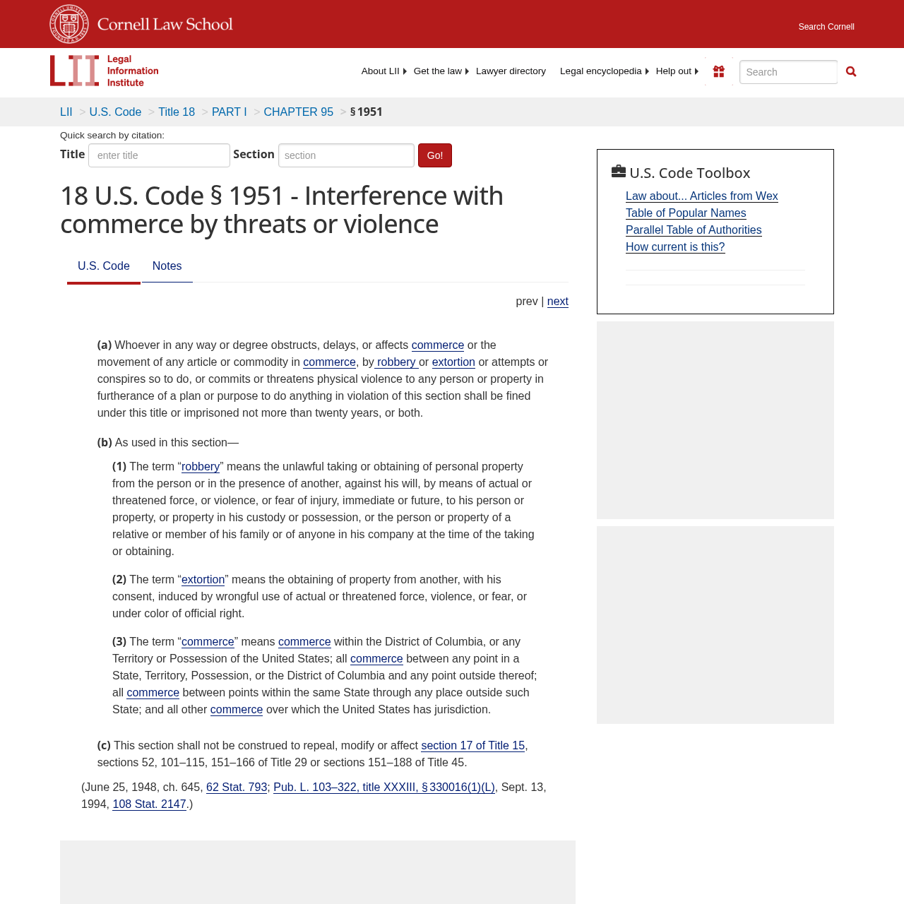 18 U.S.C. § 1951 Hobbs Act extortion statute on Cornell Law