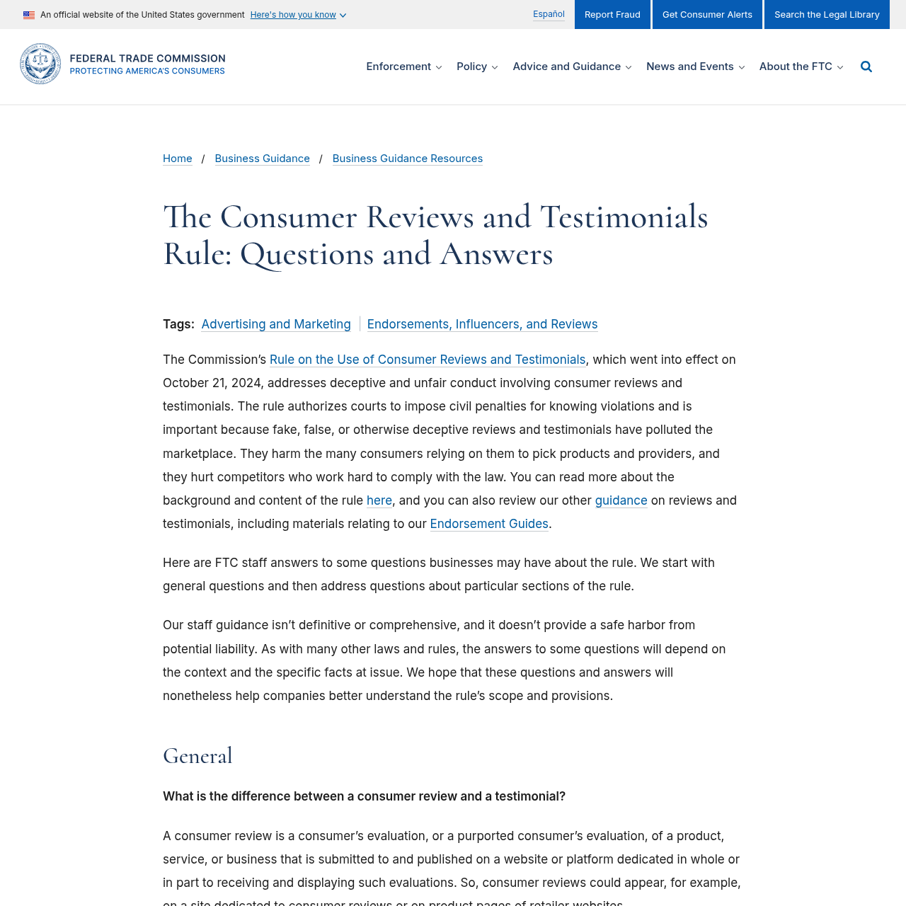 FTC Consumer Reviews and Testimonials Rule — questions and answers reference page