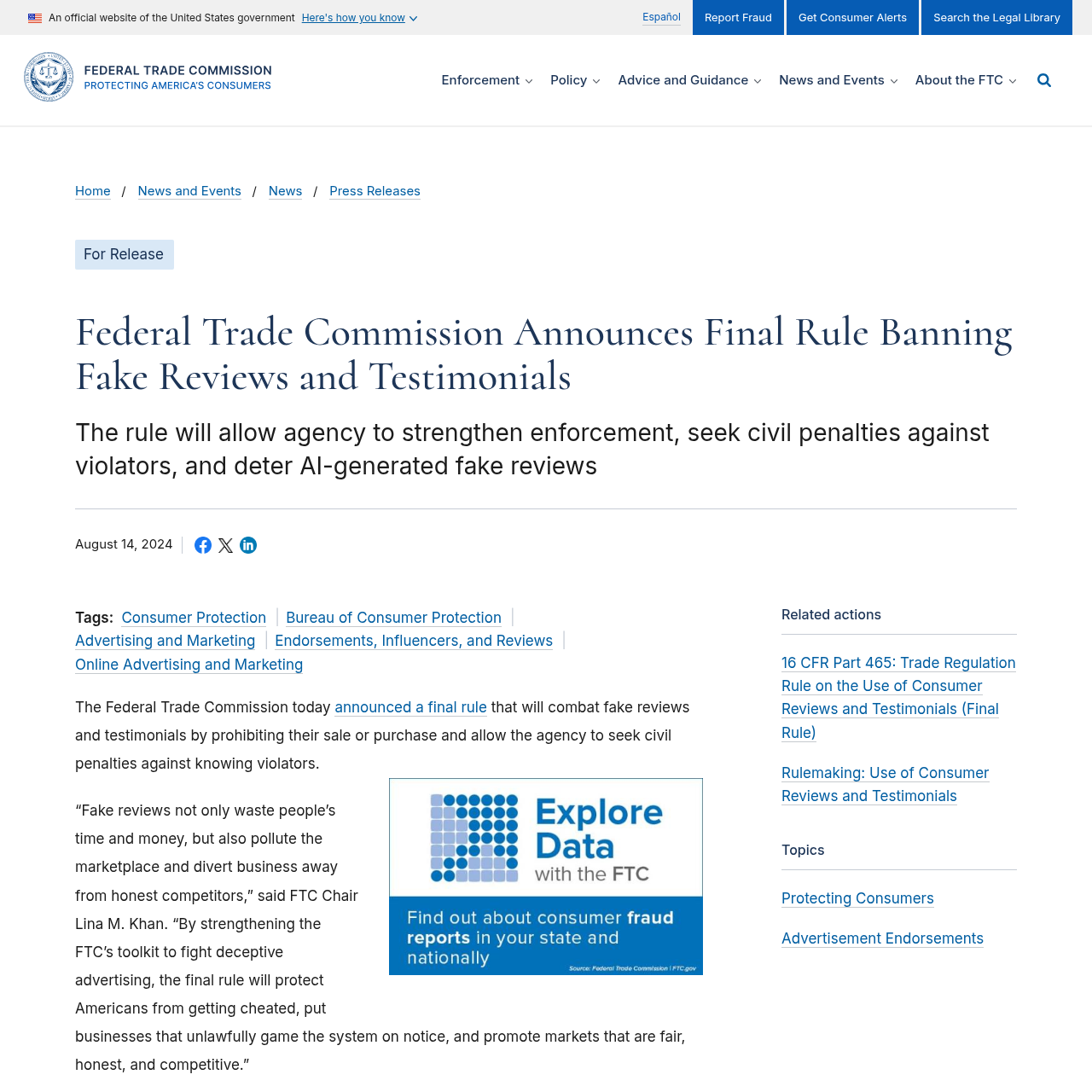 FTC press release announcing the final Rule Banning Fake Reviews and Testimonials, August 2024