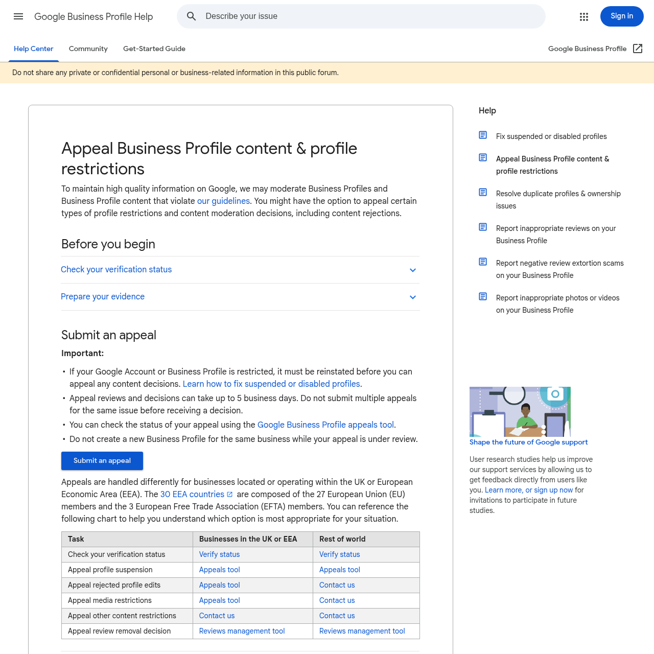 Google Business Profile Help — Appeal Business Profile content page