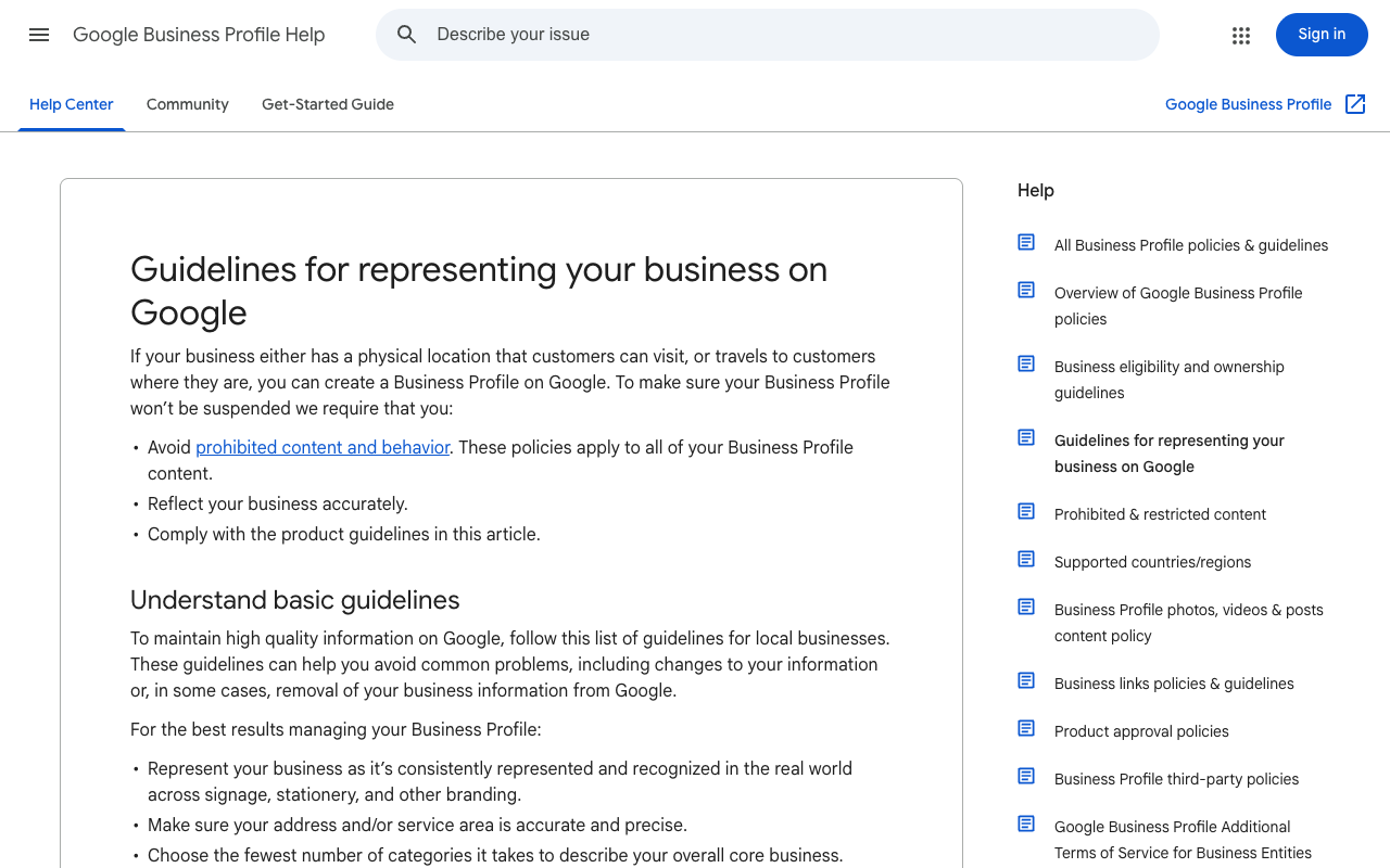 Screenshot of the Google Business Profile Help page headed Guidelines for representing your business on Google, listing the requirements to avoid prohibited content and behavior, reflect your business accurately and comply with the product guidelines, and under Understand basic guidelines the instruction to represent your business as it is consistently represented and recognized in the real world across signage, stationery and other branding