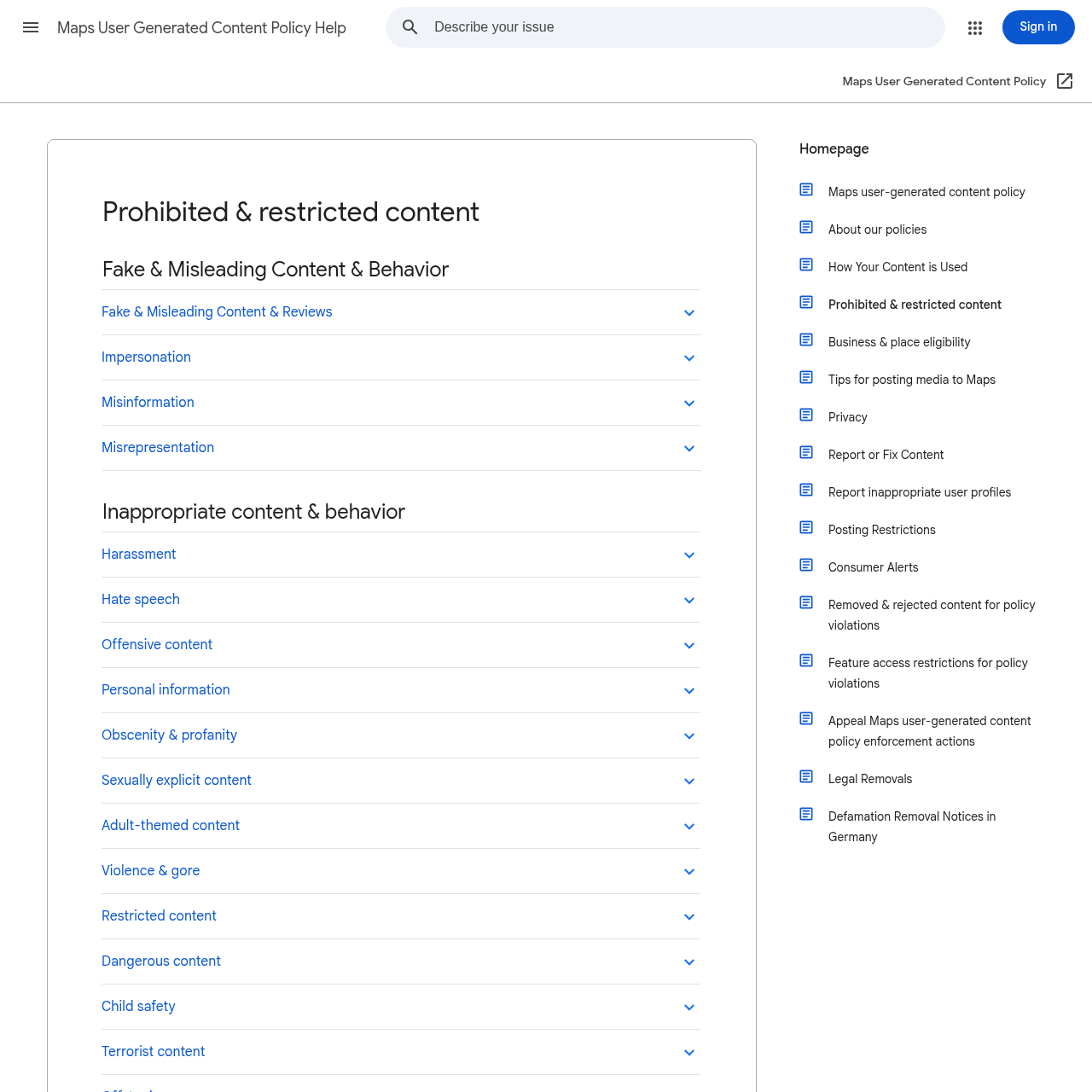 Google's Prohibited & Restricted Content policy page listing fake, harassment, and off-topic categories