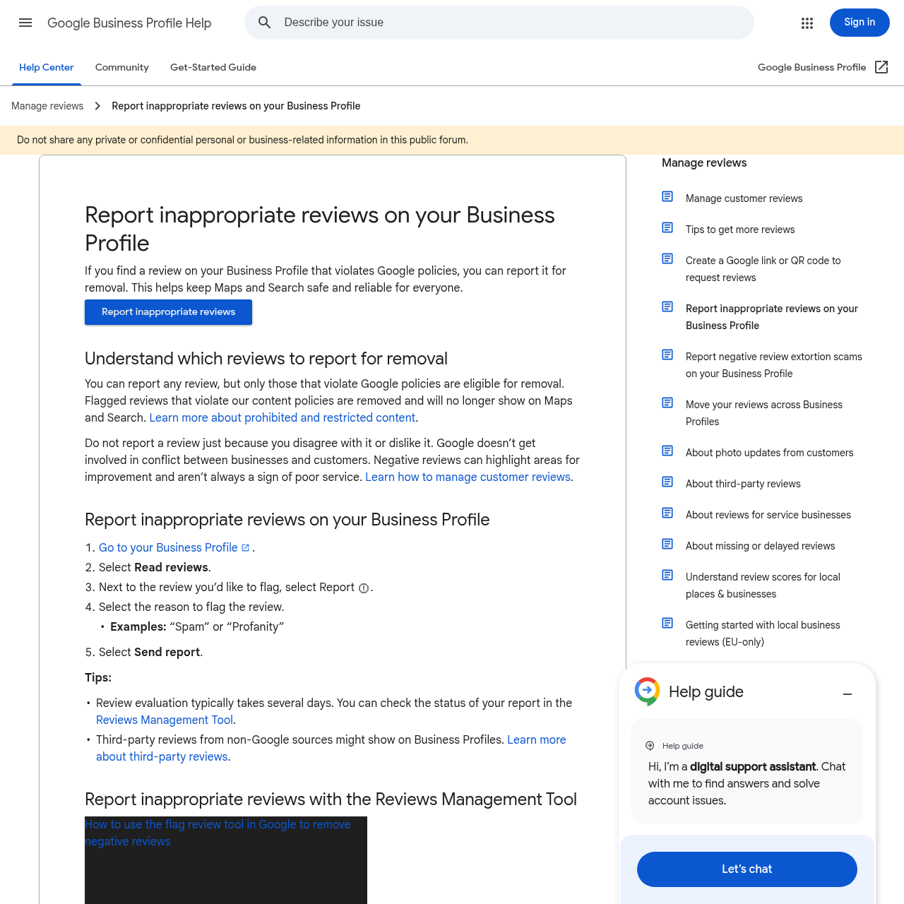 Google Business Profile — report inappropriate reviews help page