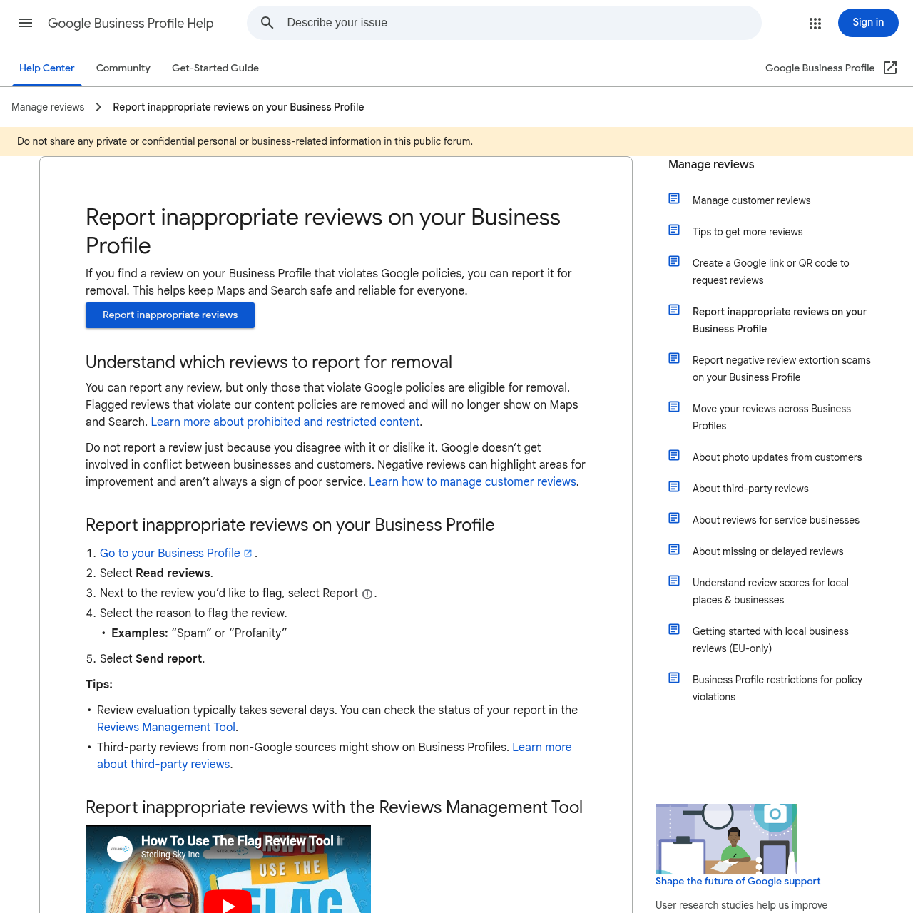 Google Business Profile — report inappropriate reviews interface