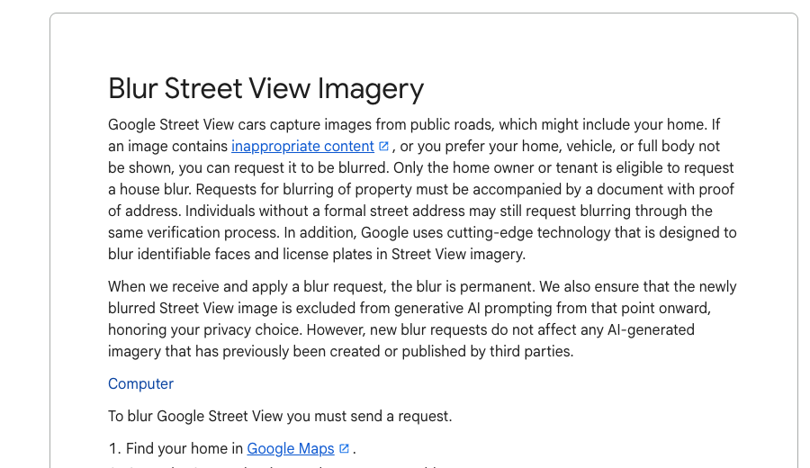 Screenshot of the Google Maps Help page Blur Street View Imagery stating that only the home owner or tenant is eligible to request a house blur, that requests must be accompanied by a document with proof of address, and that when a blur request is applied the blur is permanent