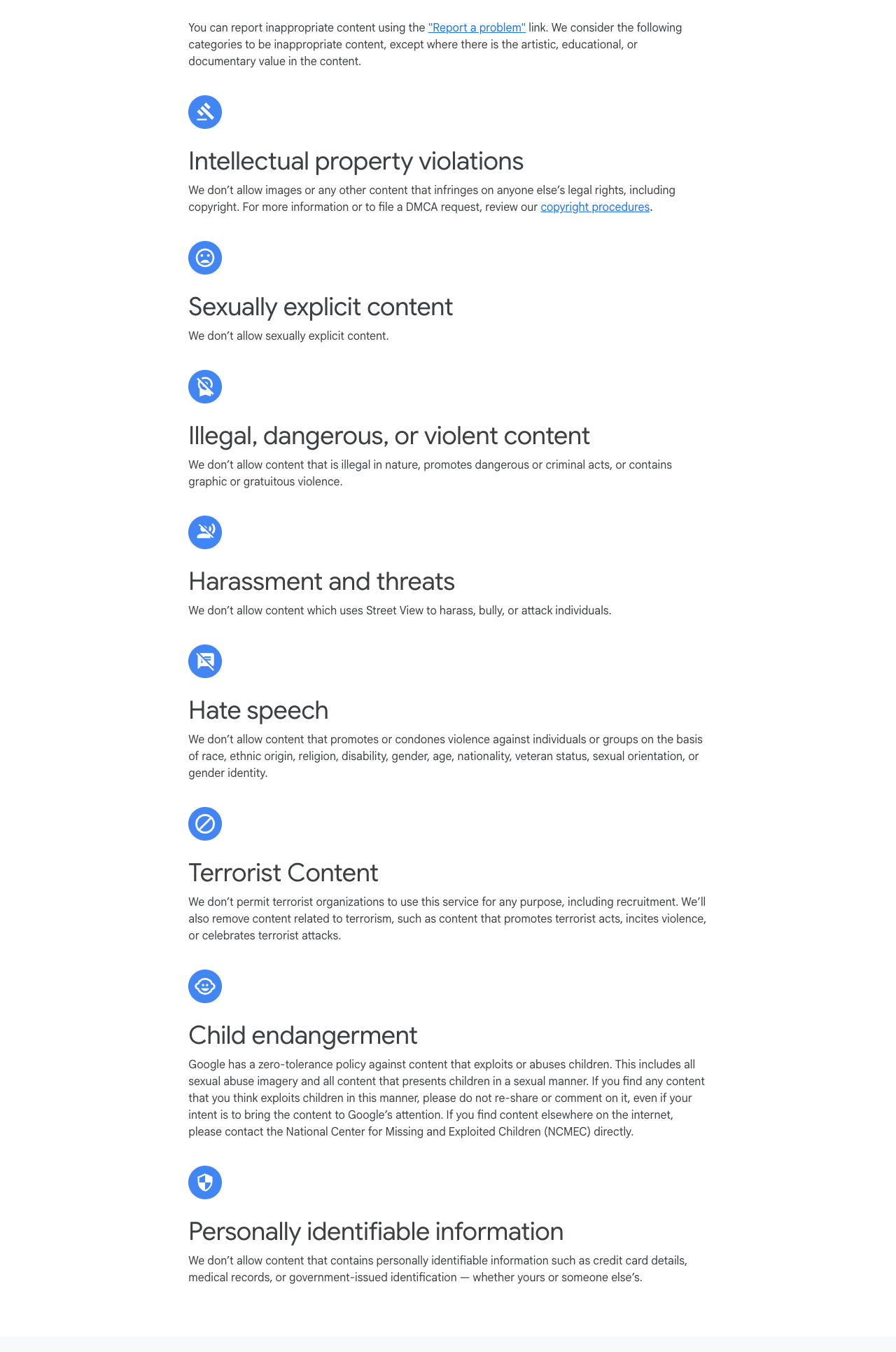 Screenshot of the Google-Contributed Street View Imagery Policy listing its inappropriate content categories: intellectual property violations, sexually explicit content, illegal dangerous or violent content, harassment and threats, hate speech, terrorist content, child endangerment and personally identifiable information