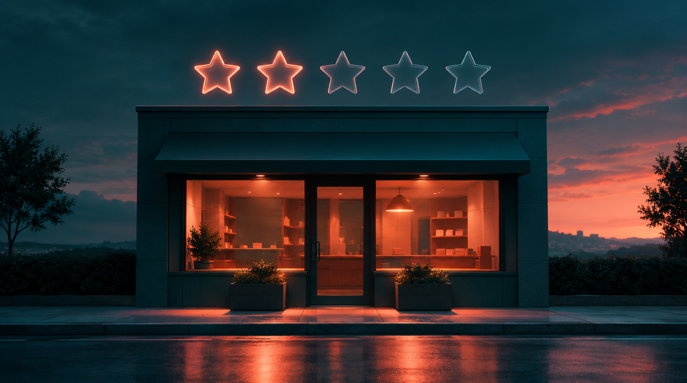The clean geometric facade of a small shopfront at dusk with five outline star shapes floating above it as soft glowing glass forms, two of them lit and three dimmed