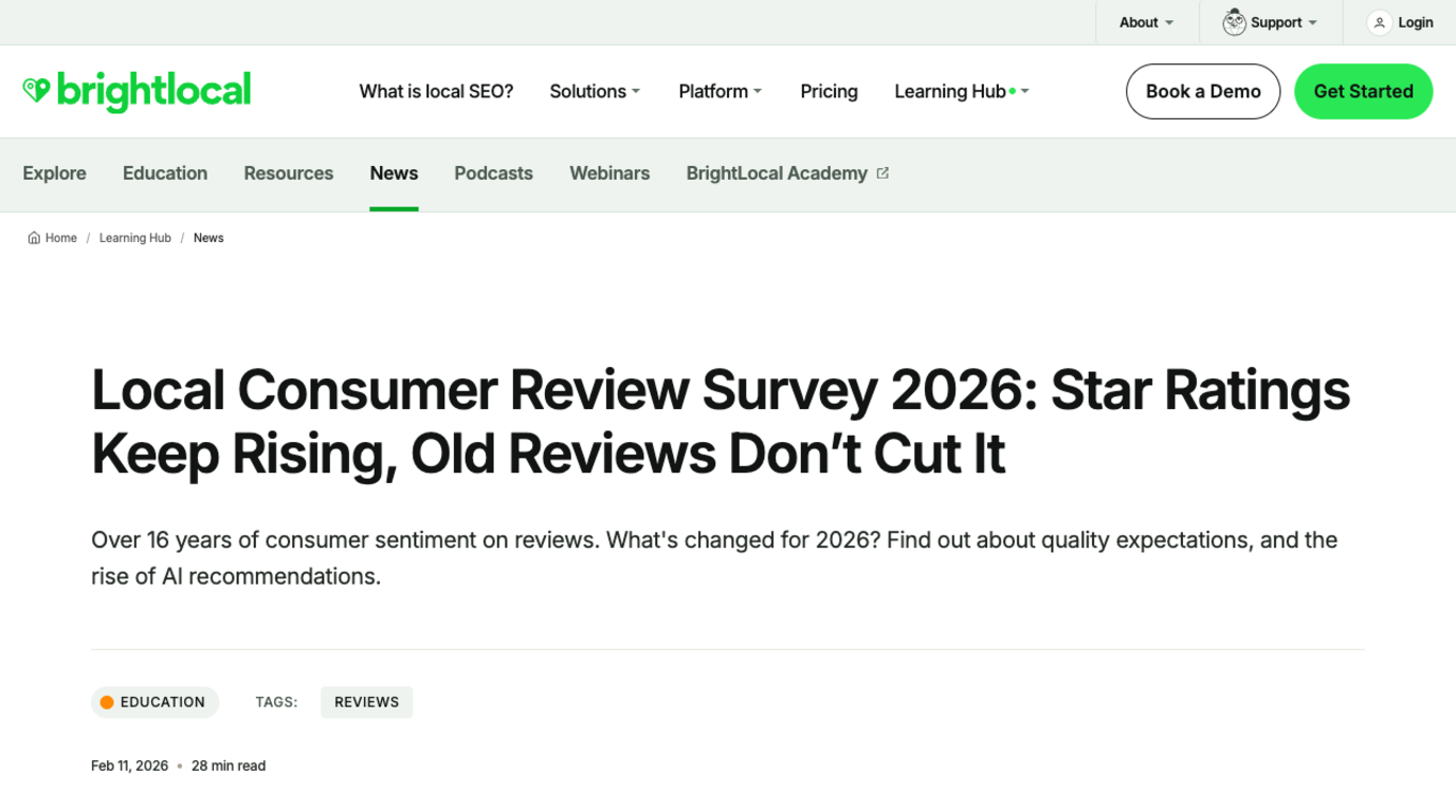 Screenshot of the BrightLocal Local Consumer Review Survey 2026 article headed Star Ratings Keep Rising, Old Reviews Do Not Cut It, published 11 February 2026 by Rosie Murphy