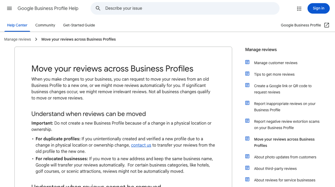 Screenshot of the Google Business Profile Help page Move your reviews across Business Profiles, showing the sections Understand when reviews can be moved, covering duplicate profiles and relocated businesses, and Understand when reviews cannot be removed, which states that for businesses with new management the reviews remain