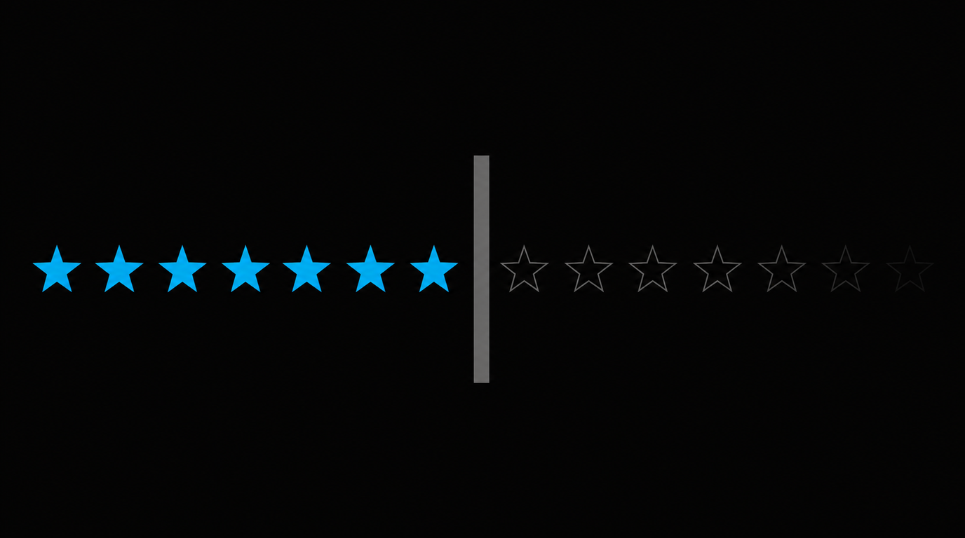 Near-black graphic: a row of solid bright cyan five-pointed stars running from the left edge, stopped by a thick vertical grey bar at the centre, with the row continuing beyond it only as empty dark-grey star outlines that never fill
