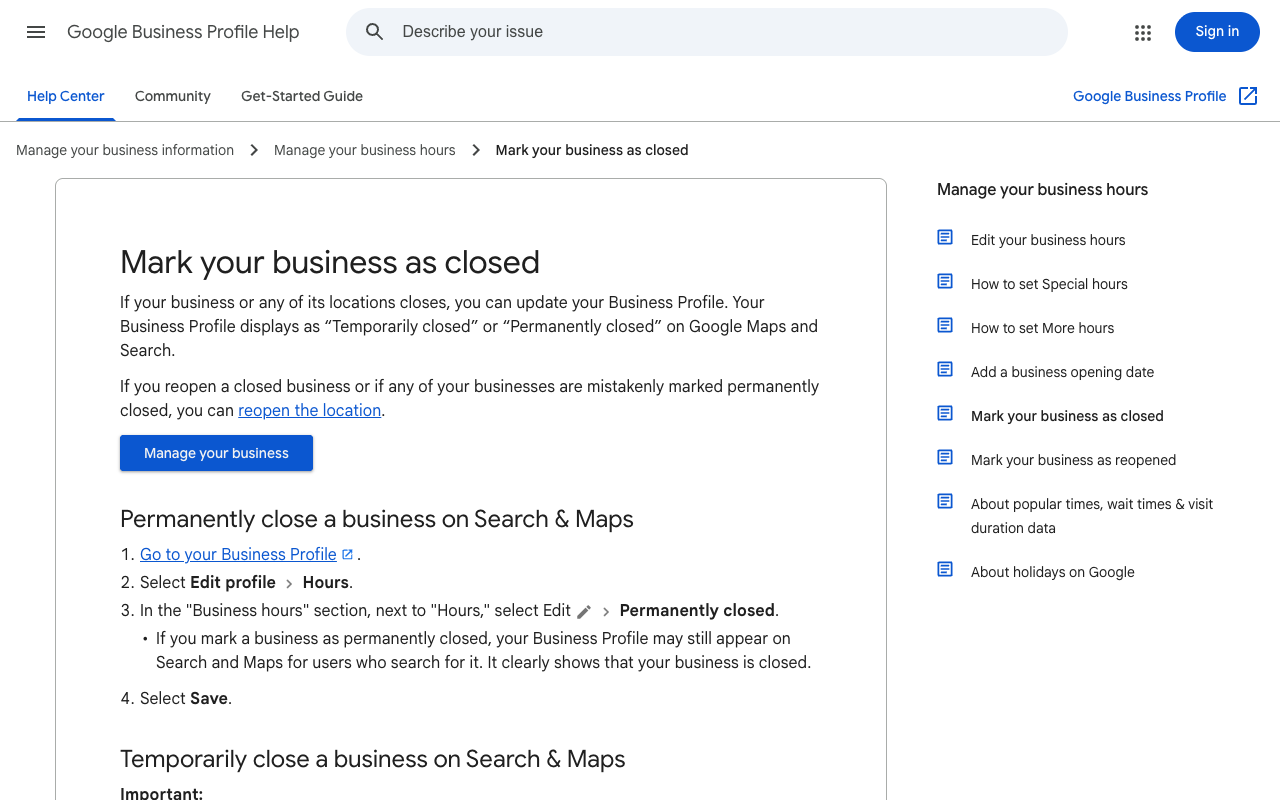 Screenshot of the Google Business Profile Help page titled Mark your business as closed, stating that if you reopen a closed business or if any of your businesses are mistakenly marked permanently closed you can reopen the location, and that a permanently closed Business Profile may still appear on Search and Maps and clearly shows that your business is closed