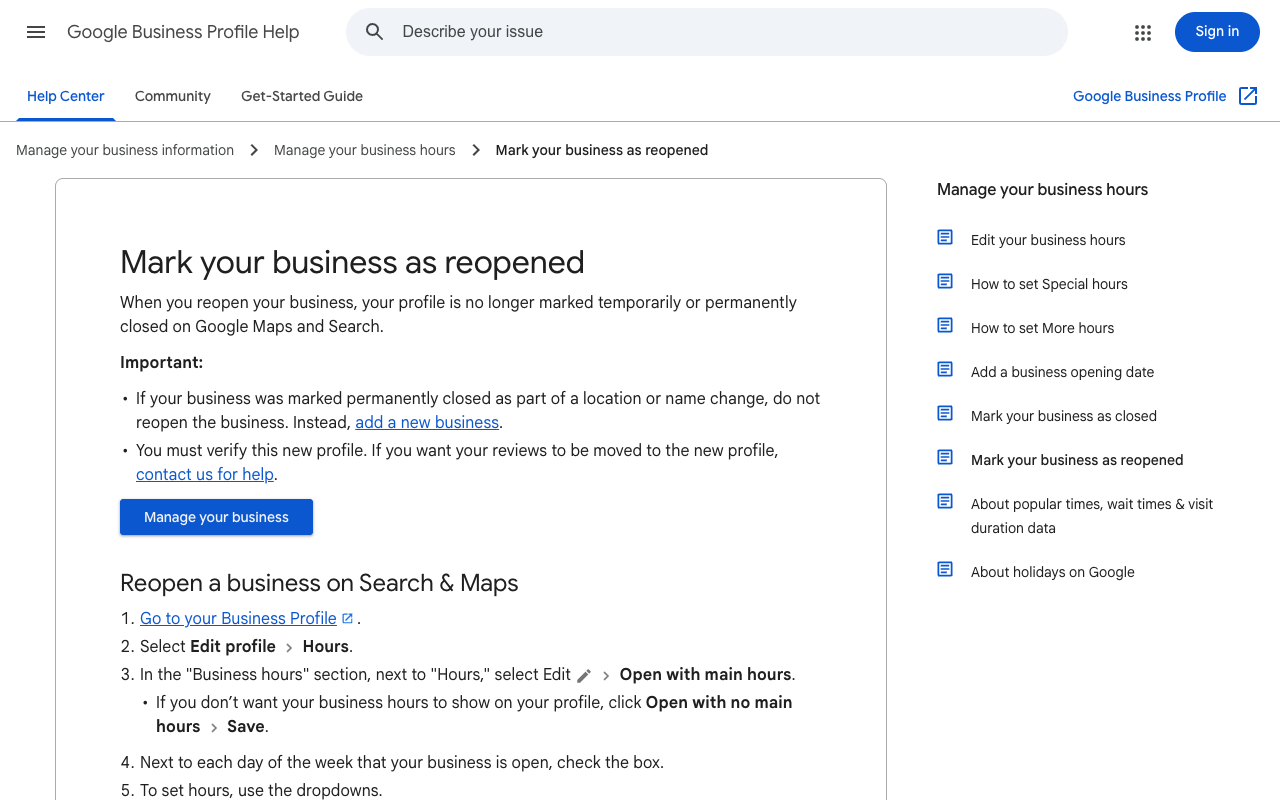 Screenshot of the Google Business Profile Help page titled Mark your business as reopened, with an Important block stating that if your business was marked permanently closed as part of a location or name change you must not reopen the business but add a new business instead, that you must verify this new profile, and that if you want your reviews moved to the new profile you should contact Google for help