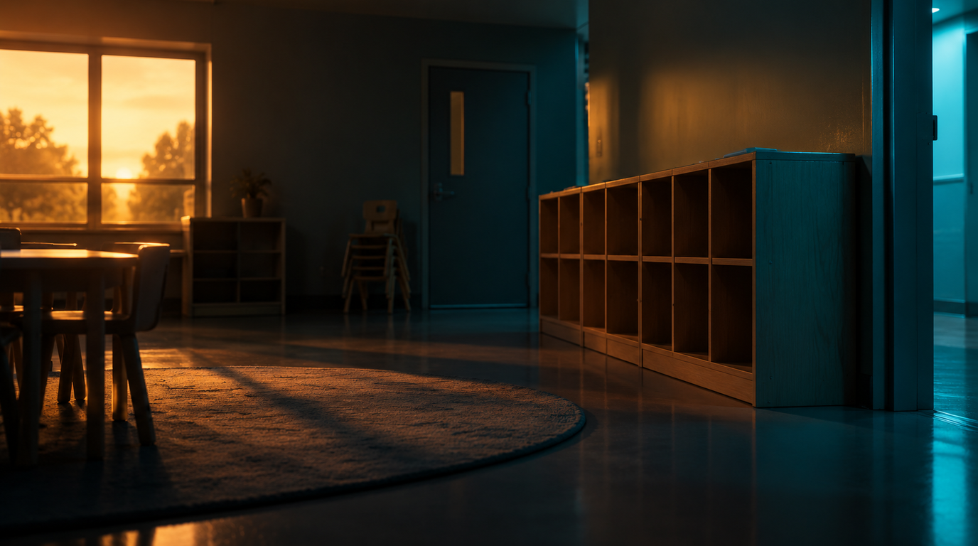 An empty childcare classroom at dusk, low wooden cubby shelves along the right-hand wall, small chairs stacked in the corner, a round rug on the floor, warm sunset light through a window on the left and cool teal corridor light rimming the furniture on the right