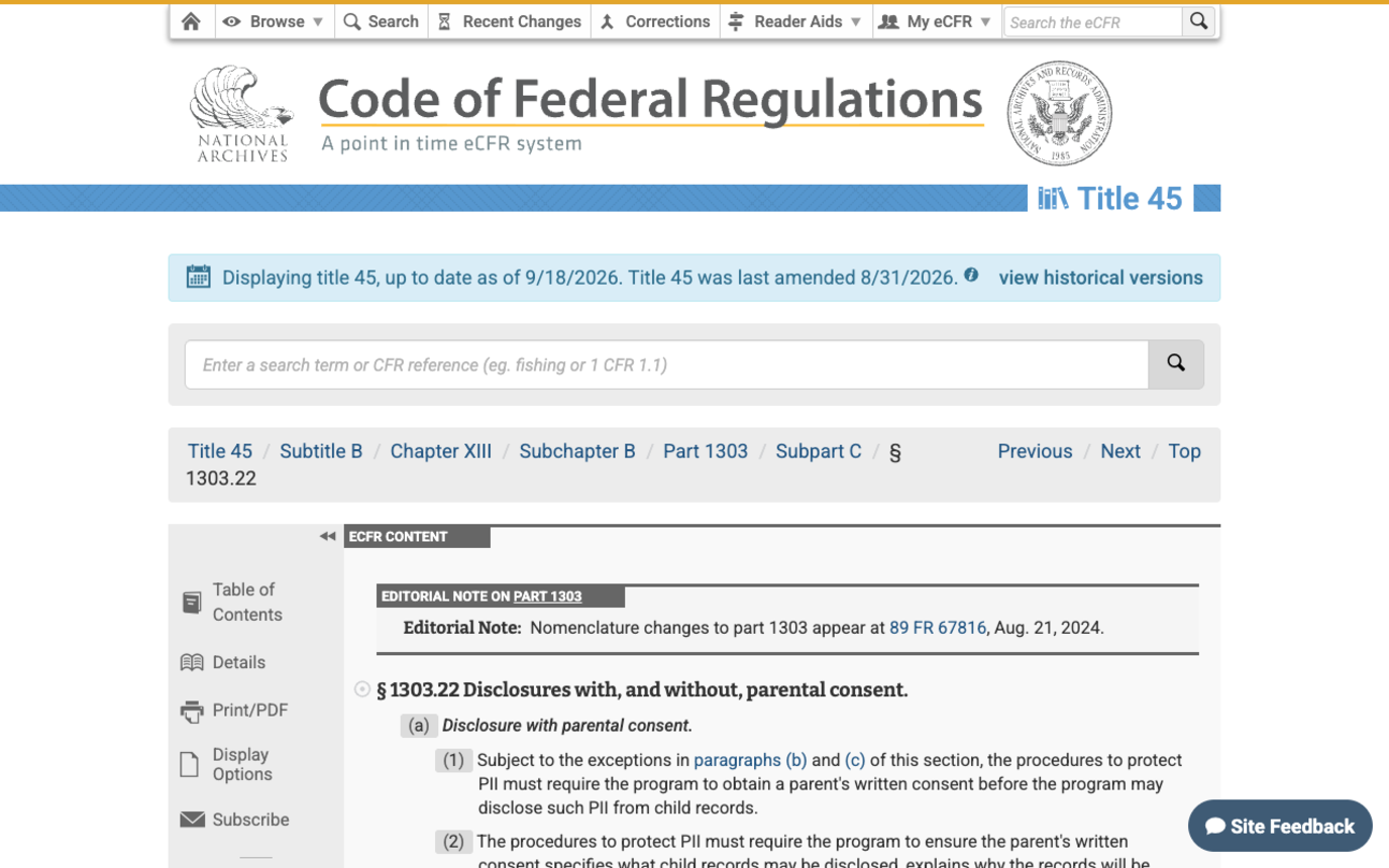 Screenshot of the Code of Federal Regulations on ecfr.gov showing Title 45, Subtitle B, Chapter XIII, Part 1303, Subpart C, section 1303.22 Disclosures with, and without, parental consent, opening with the requirement that a programme obtain a parent's written consent before disclosing personally identifiable information from child records