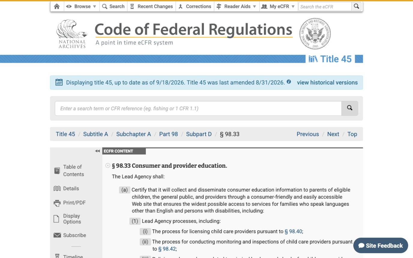 Screenshot of the Code of Federal Regulations on ecfr.gov showing Title 45, Subtitle A, Subchapter A, Part 98, section 98.33 Consumer and provider education, opening with The Lead Agency shall certify that it will collect and disseminate consumer education information to parents of eligible children, the general public, and providers through a consumer-friendly and easily accessible web site