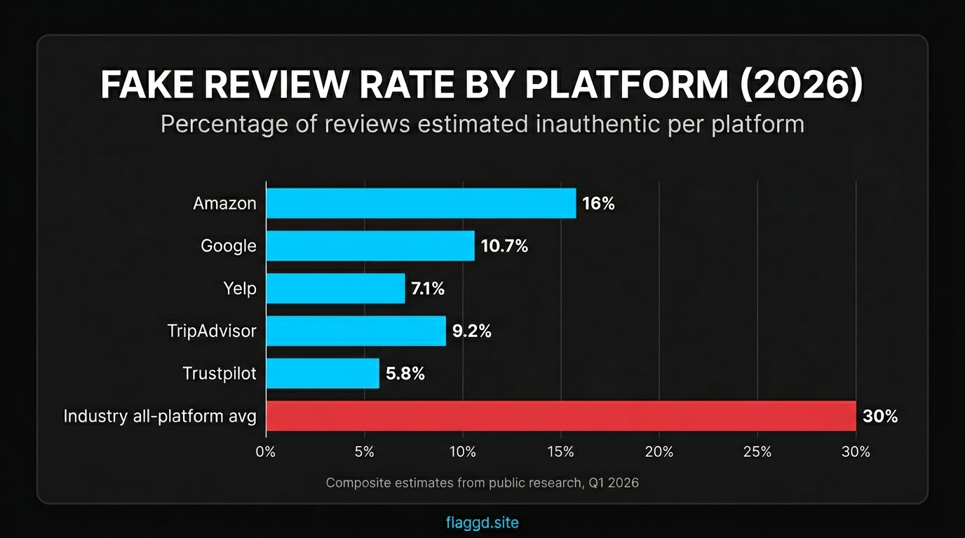 Fake review rate by platform — bar chart comparing Google, Amazon, Yelp, TripAdvisor