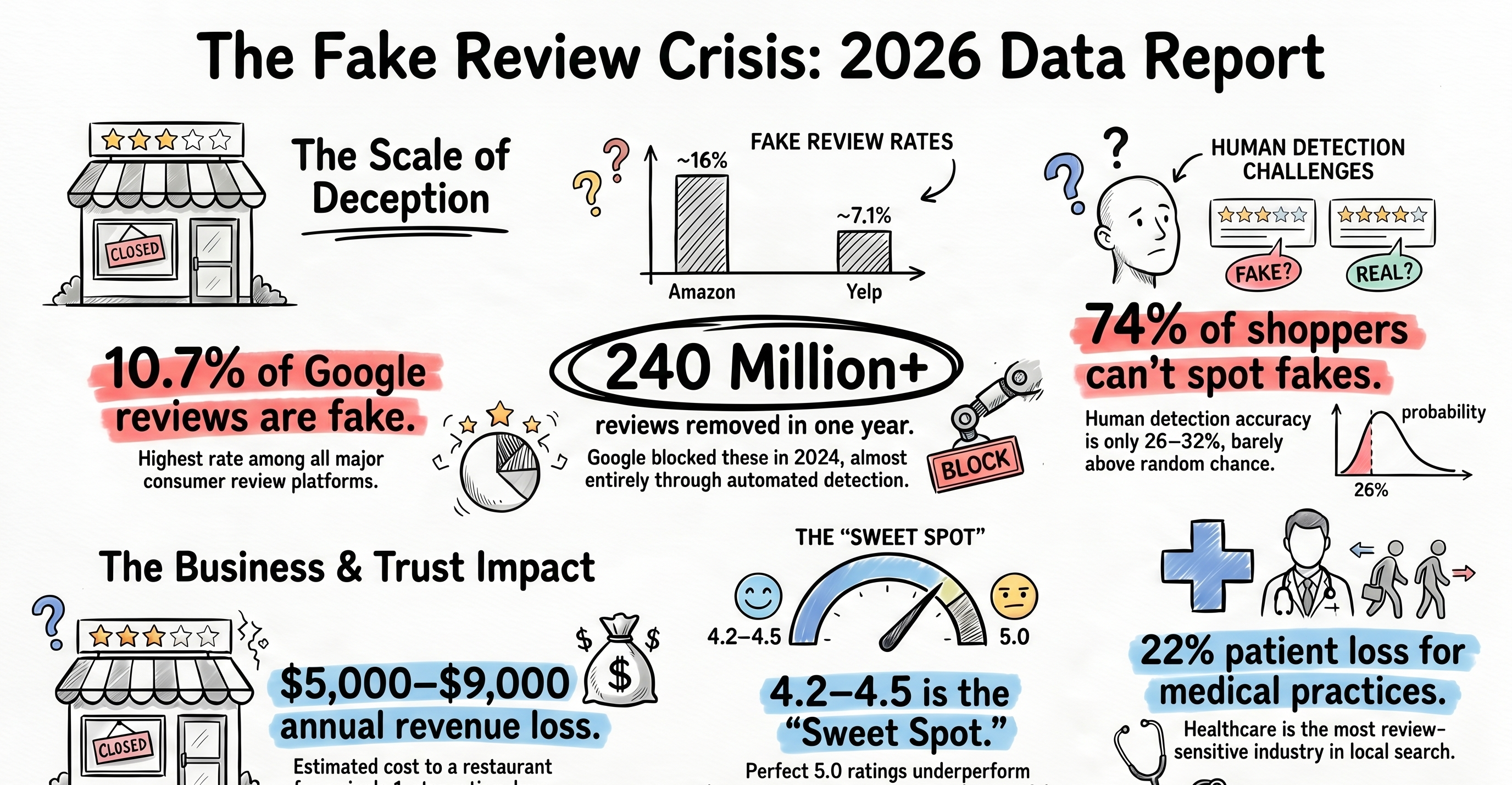 NotebookLM-generated sketch-note summary of the fake google review statistics 2026 article