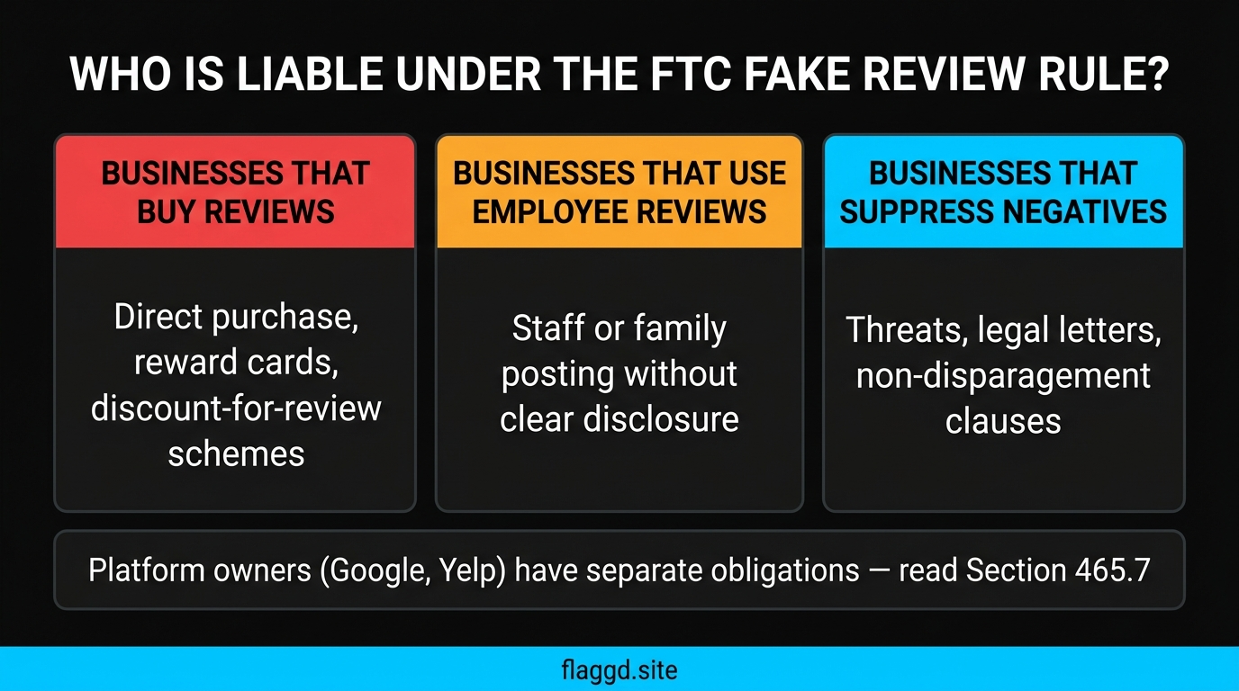 Who is liable under the FTC fake review rule — businesses that buy, use employees, or suppress