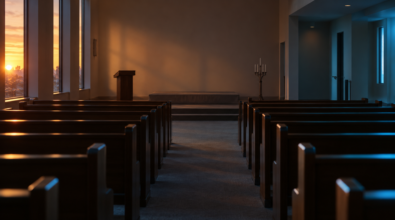 An empty funeral home chapel at dusk, dark wooden pews receding toward a low catafalque platform and a plain lectern, warm amber sunset light through tall narrow windows on the left and cool teal corridor light rimming the pew backs on the right, nobody present