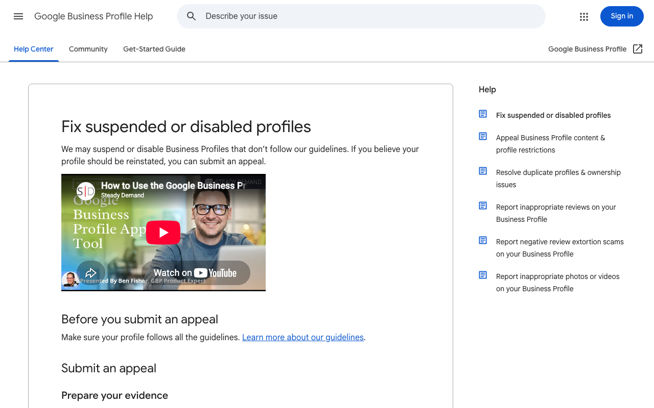 Screenshot of Google Business Profile Help, the page titled Fix suspended or disabled profiles, captured 27 September 2026. It reads that Google may suspend or disable Business Profiles that do not follow its guidelines and that an appeal can be submitted, above sections headed Before you submit an appeal, Submit an appeal and Prepare your evidence