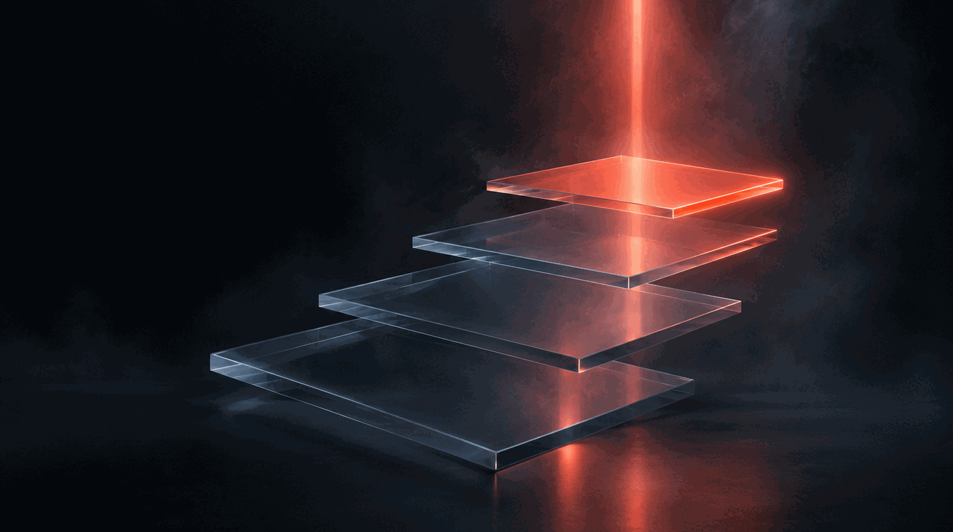Dark studio render: four translucent glass panels stacked in a rising staircase against a near-black background, the topmost panel lit coral red with a thin vertical beam passing up through all four