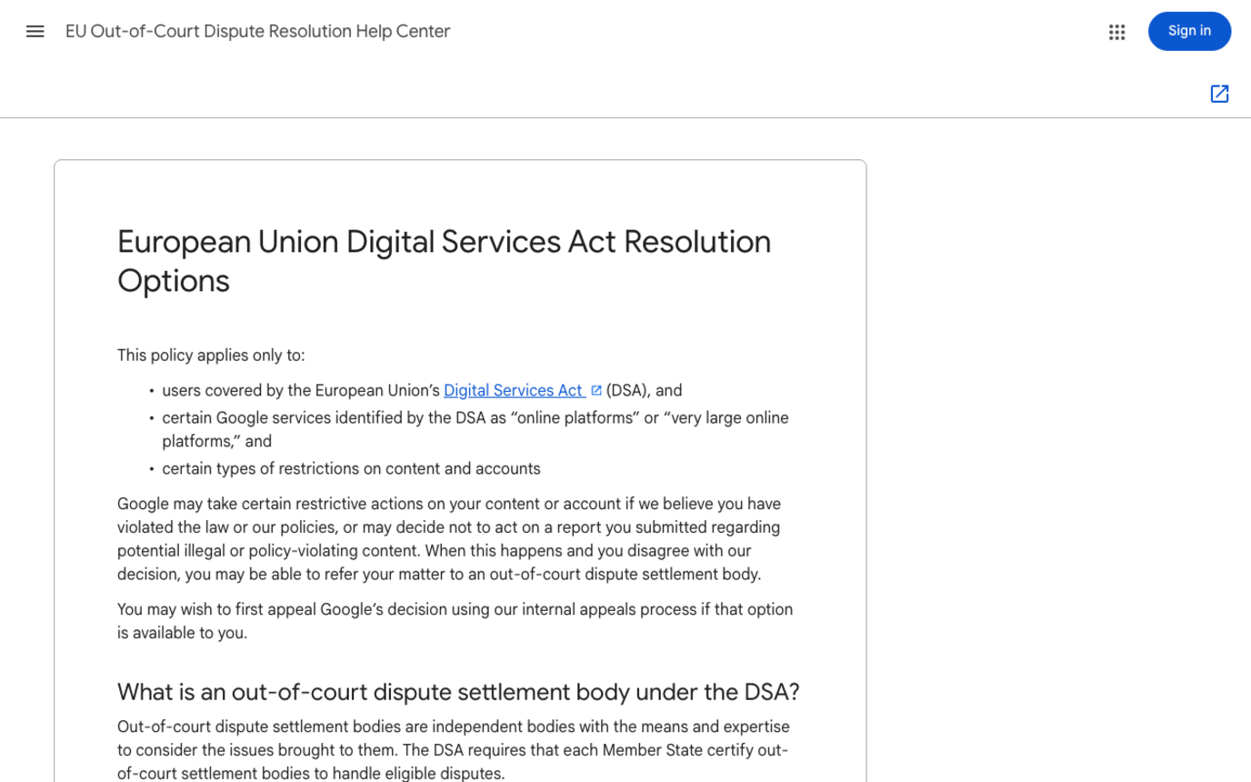 Screenshot of Google's European Union Digital Services Act Resolution Options help page captured on 21 October 2026, stating that Google may decide not to act on a report you submitted regarding potential illegal or policy-violating content, that you may then refer your matter to an out-of-court dispute settlement body, and that you may wish to first appeal using Google's internal process