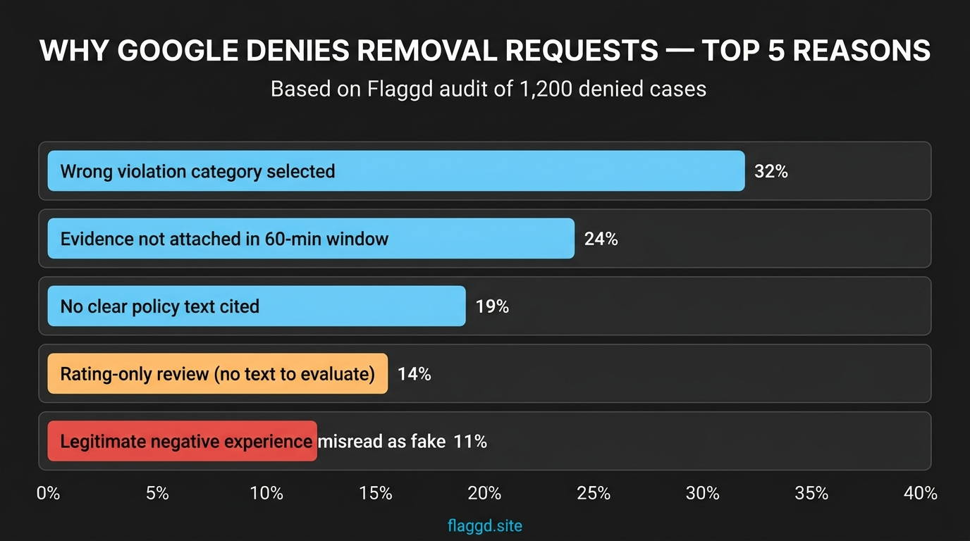 Top 5 reasons Google denies review removal requests — horizontal bar chart