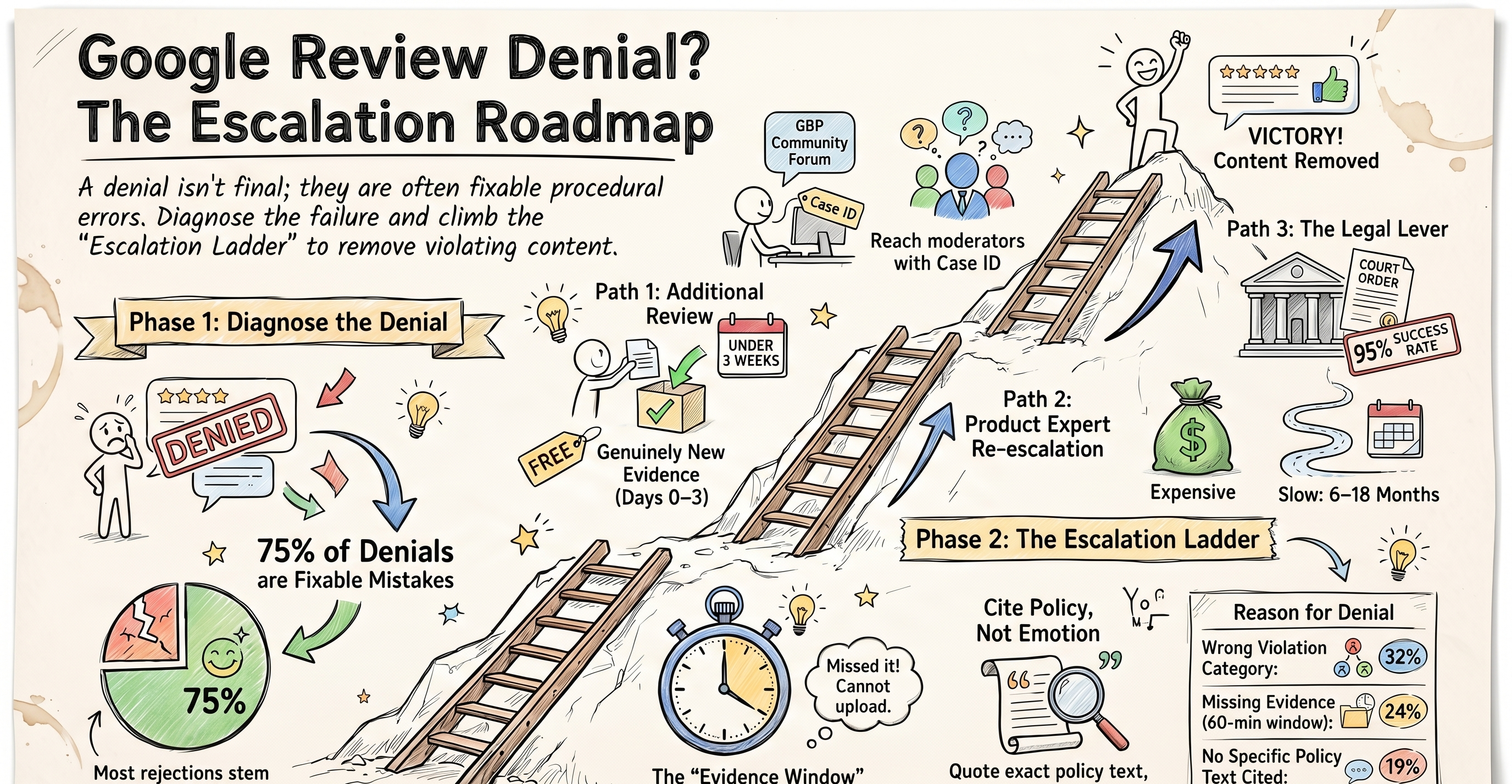 NotebookLM-generated sketch-note summary of the google review removal request denied what to do next article