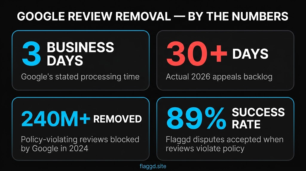 Google review removal by the numbers — stated timeline, 2026 backlog, reviews removed, Flaggd success rate