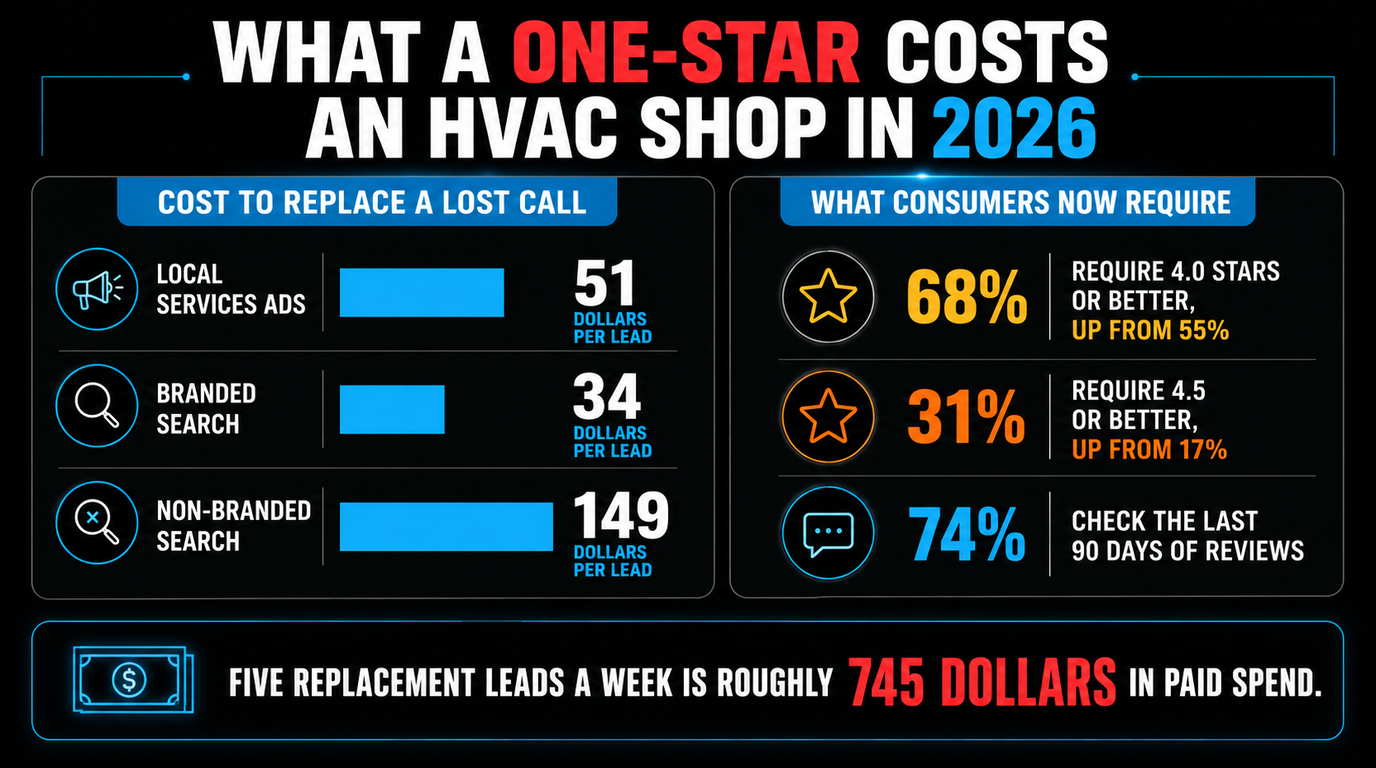 What a one-star costs an HVAC shop in 2026: local services ads at 51 dollars per lead, branded search at 34, non-branded search at 149, against 68 percent of consumers requiring 4.0 stars and 31 percent requiring 4.5
