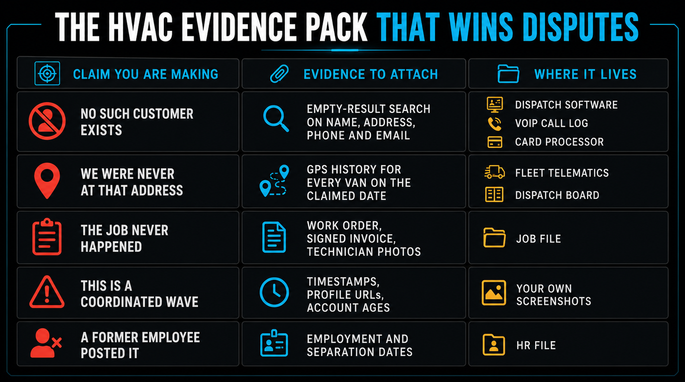 The HVAC evidence pack: each claim mapped to the evidence to attach and the system it lives in, from dispatch software and VoIP call logs to fleet telematics and the HR file