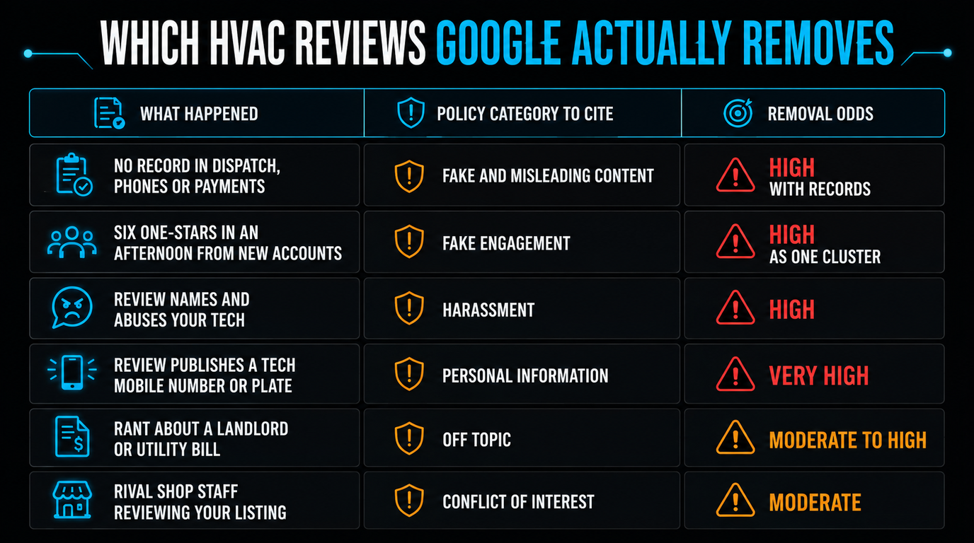 Table of HVAC review scenarios mapped to the Google policy category to cite and the removal odds, from fake and misleading content through harassment and personal information to conflict of interest