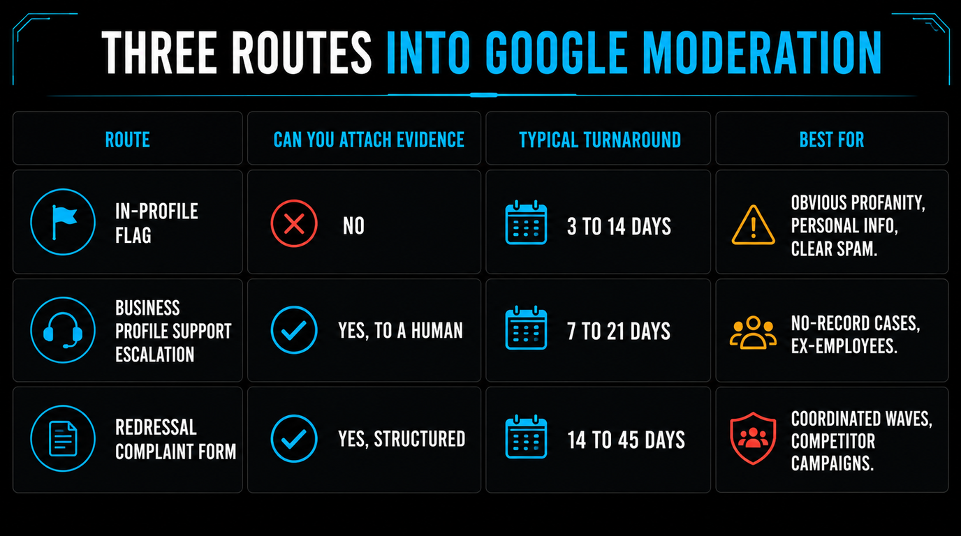 The three routes into Google moderation compared on whether evidence can be attached, typical turnaround, and what each is best for