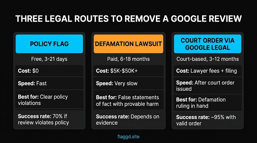 Three legal routes to remove a Google review — policy flag, defamation lawsuit, court order