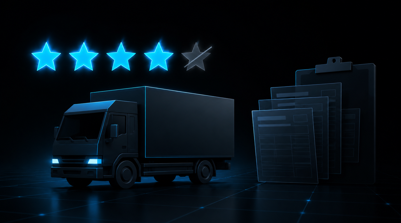 Four glowing cyan rating stars and a fifth struck out in grey above a stylised removal truck, beside a stack of translucent shipping documents and a clipboard