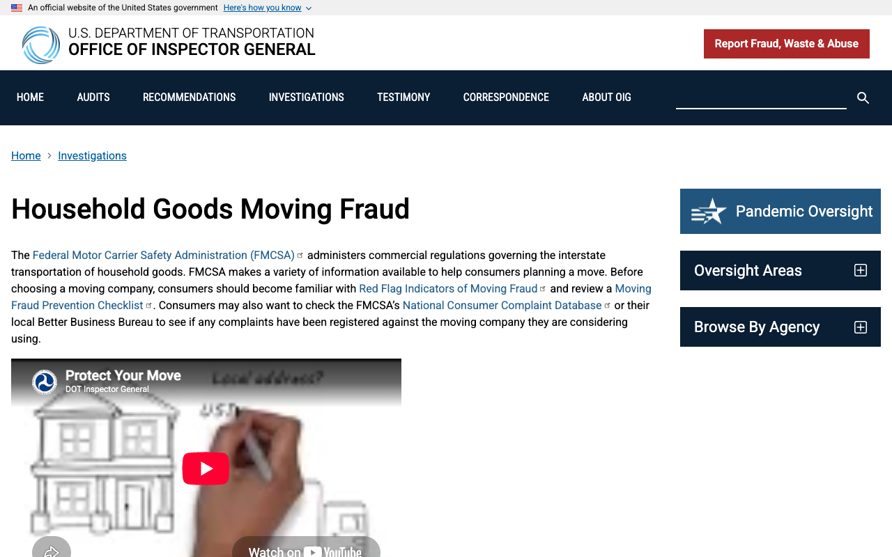 The Department of Transportation Office of Inspector General page on household goods moving fraud