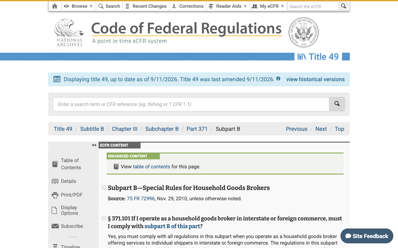 The eCFR page for 49 CFR Part 371 Subpart B, Special Rules for Household Goods Brokers