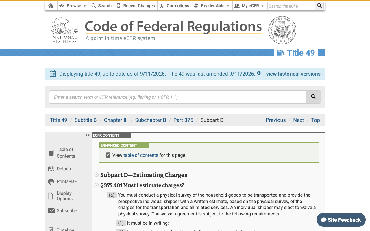 The eCFR page for 49 CFR Part 375 Subpart D, Estimating Charges