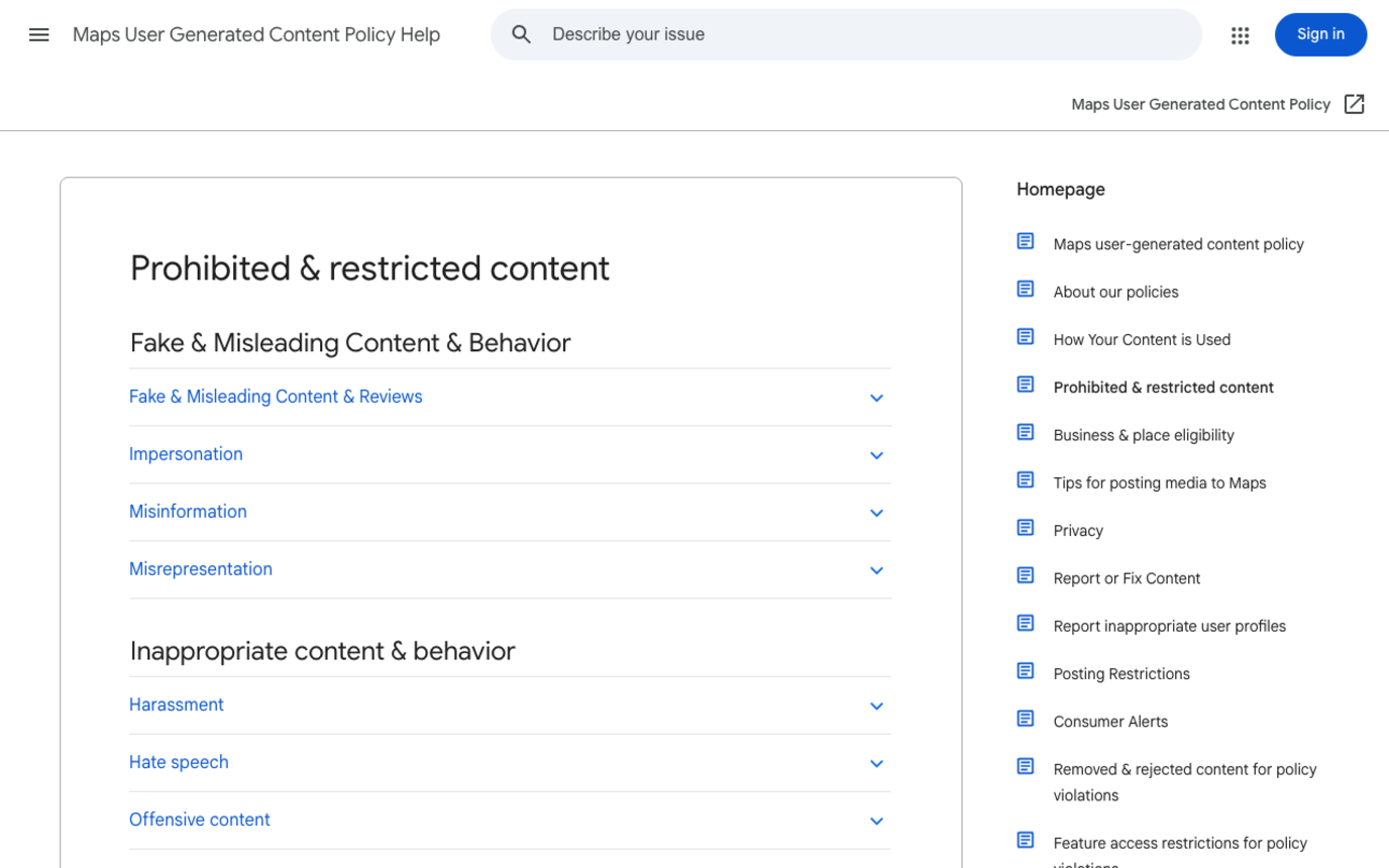 Screenshot of Google's Prohibited and restricted content page in the Maps User Generated Content Policy Help, listing Fake and Misleading Content and Reviews, Impersonation, Misinformation and Misrepresentation