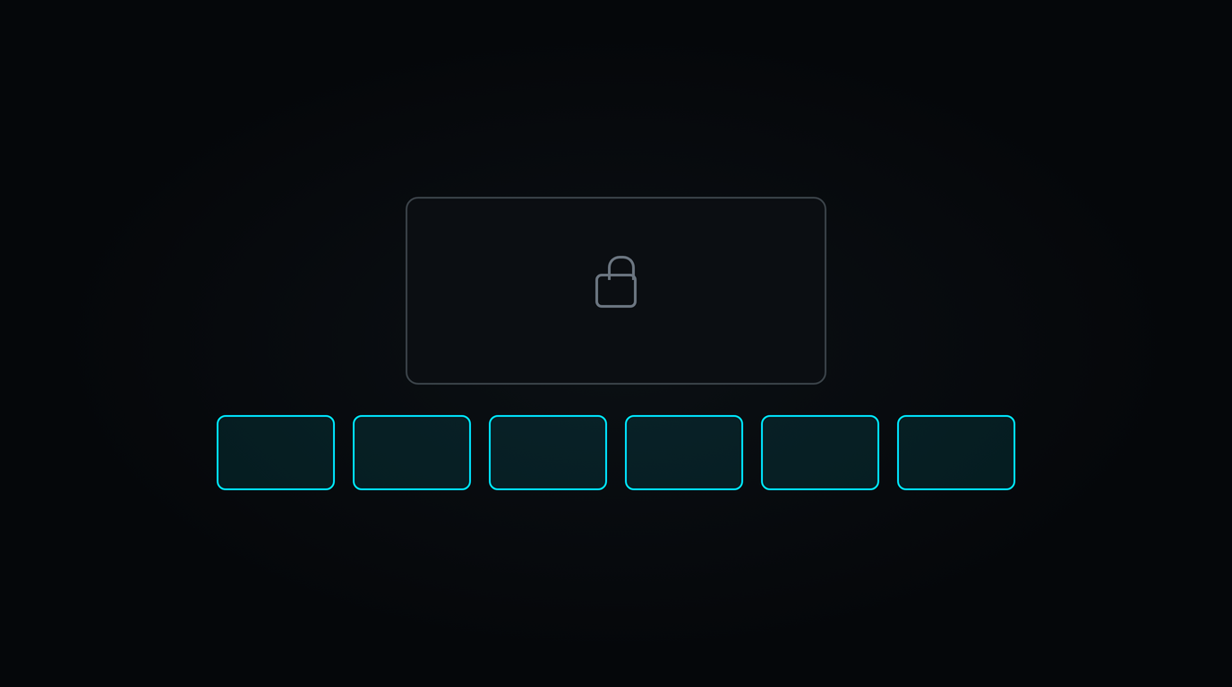 Abstract figure of one large grey panel carrying a padlock outline above a row of six smaller panels outlined in cyan