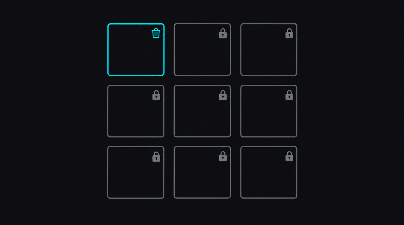 Grid of nine blank photo-frame placeholders on black: the top-left frame is outlined in cyan with a small bin icon, and the other eight are dim grey with a small padlock icon each