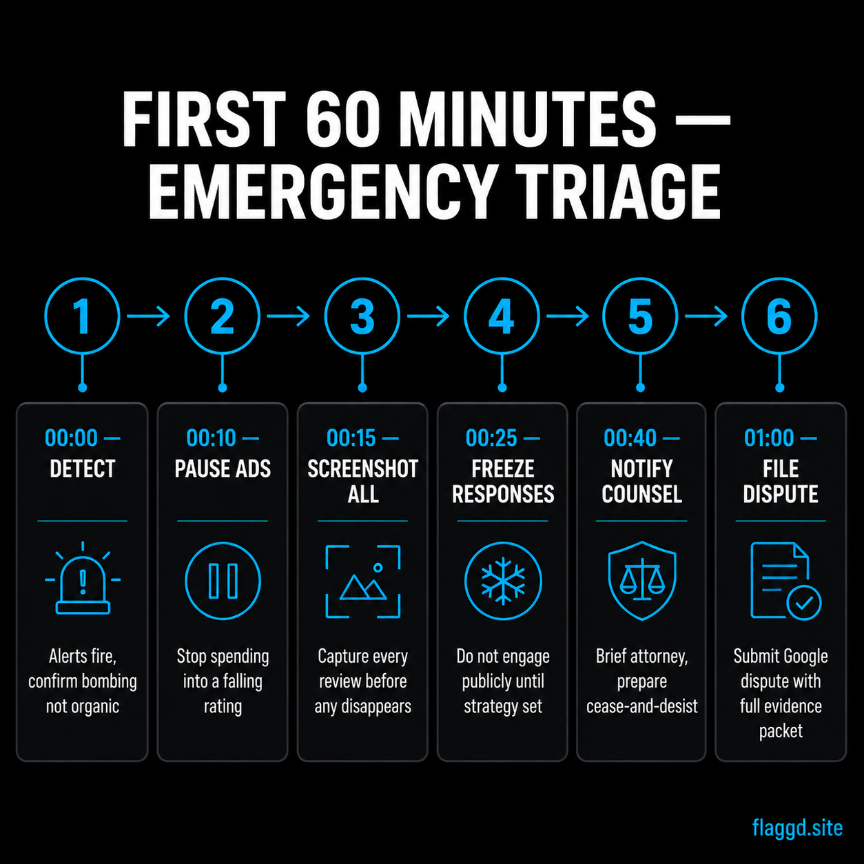 First 60 minutes emergency triage workflow for review bombing
