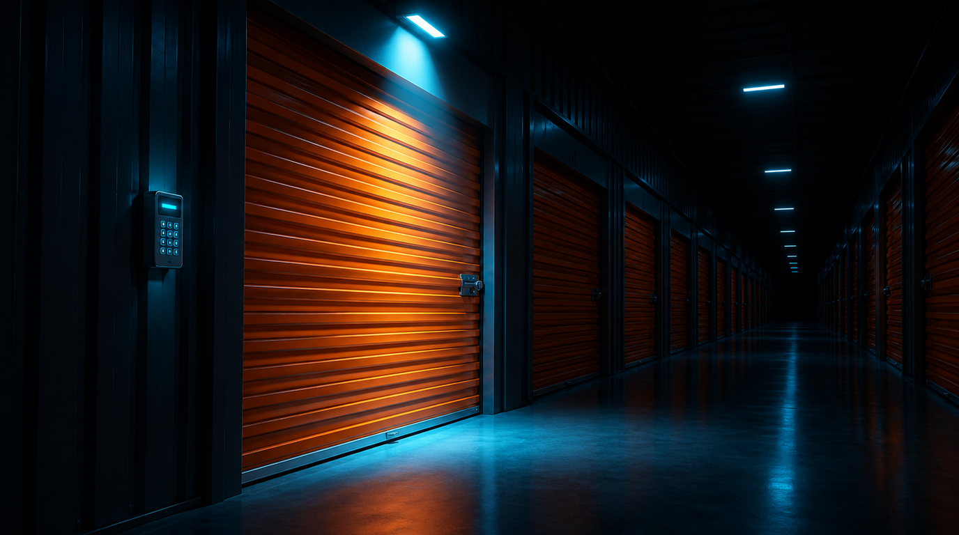 A corridor of closed orange self storage roll-up doors receding into shadow, one door lit from above by a shaft of cool cyan light, a keypad gate reader glowing faintly on the wall in the foreground