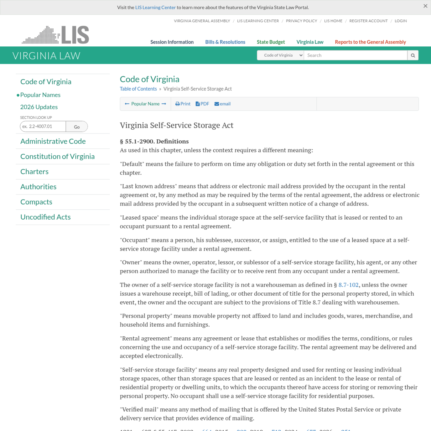 The Virginia Law LIS portal page for the Virginia Self-Service Storage Act, section 55.1-2900 Definitions, including the provision that the owner of a self-service storage facility is not a warehouseman as defined in section 8.7-102 unless the owner issues a warehouse receipt, bill of lading or other document of title for the personal property stored