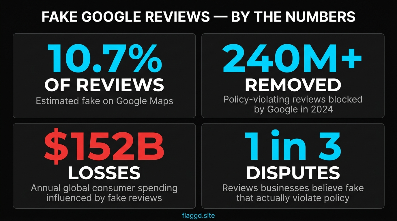 Fake Google reviews by the numbers — 10.7% fake, 240M removed, $152B consumer loss, 1 in 3 disputes succeed