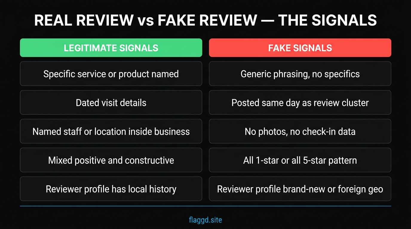 Real review signals vs fake review signals comparison chart