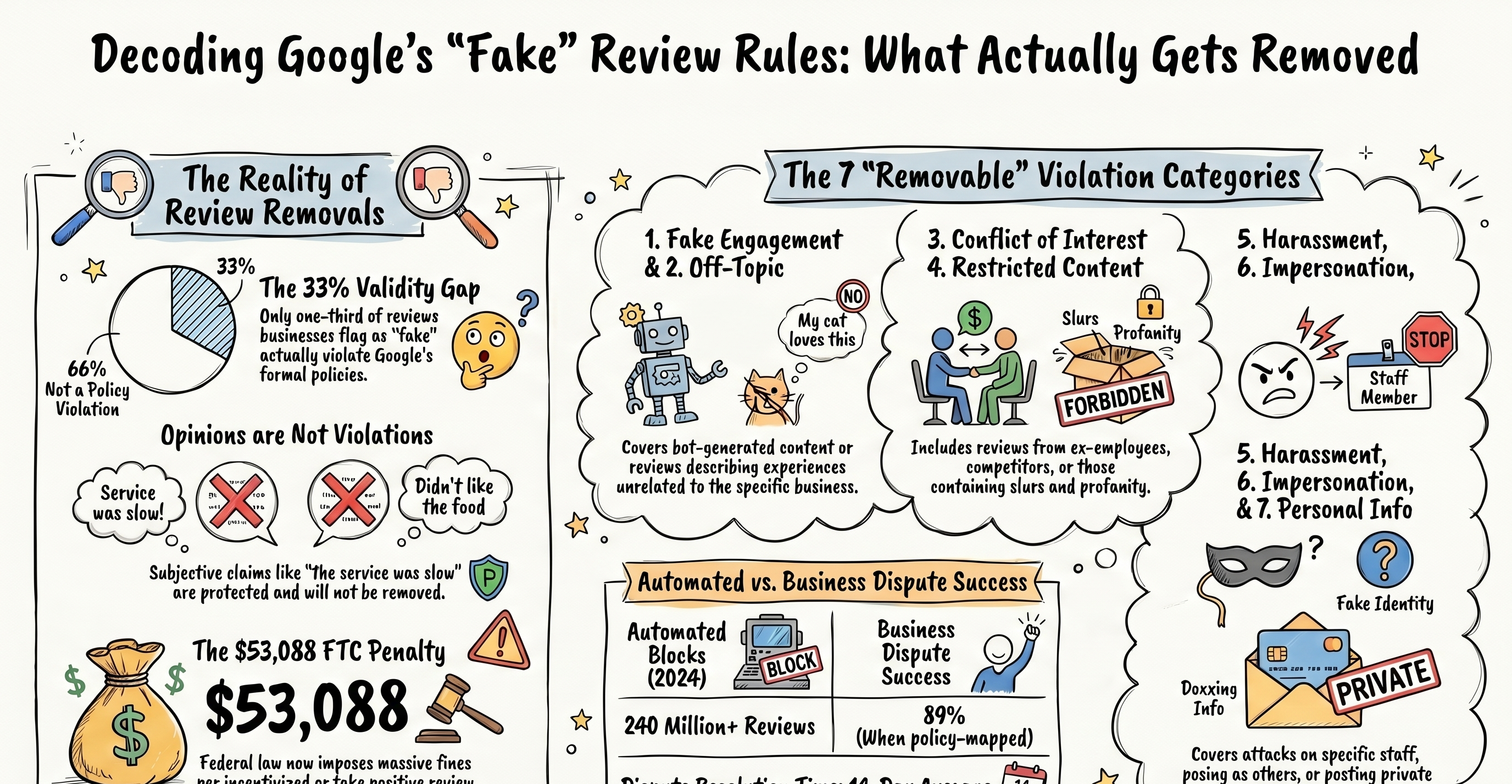 NotebookLM-generated sketch-note summary of the what counts as a fake google review article